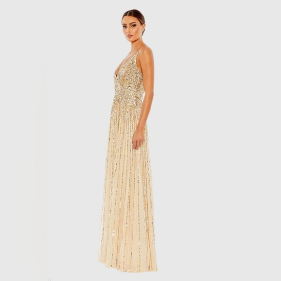 Beige Sequined Sleeveless Wrap Over A Line Gown - Picture 3 of 6
